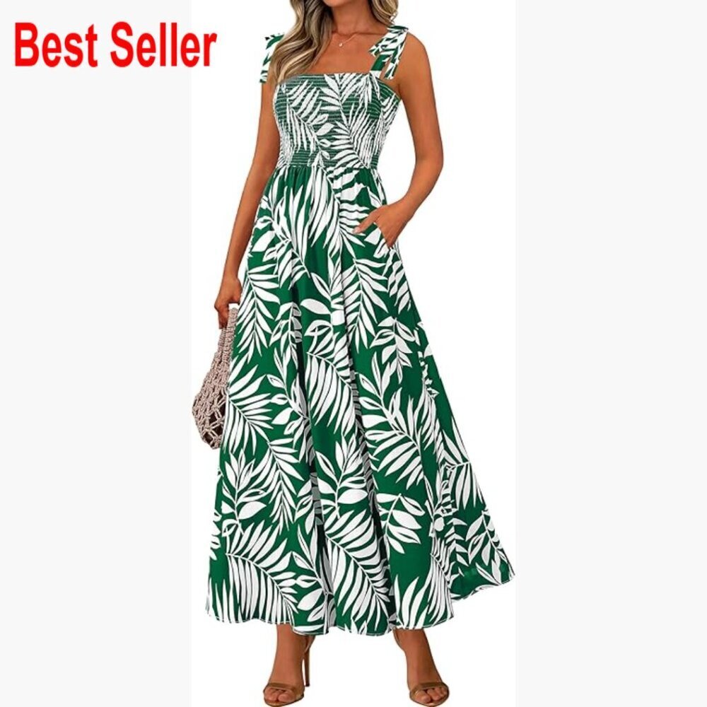 Chiffon Floral Maxi Dress Sleeveless Smocked Bodice Spaghetti Strap A-Line